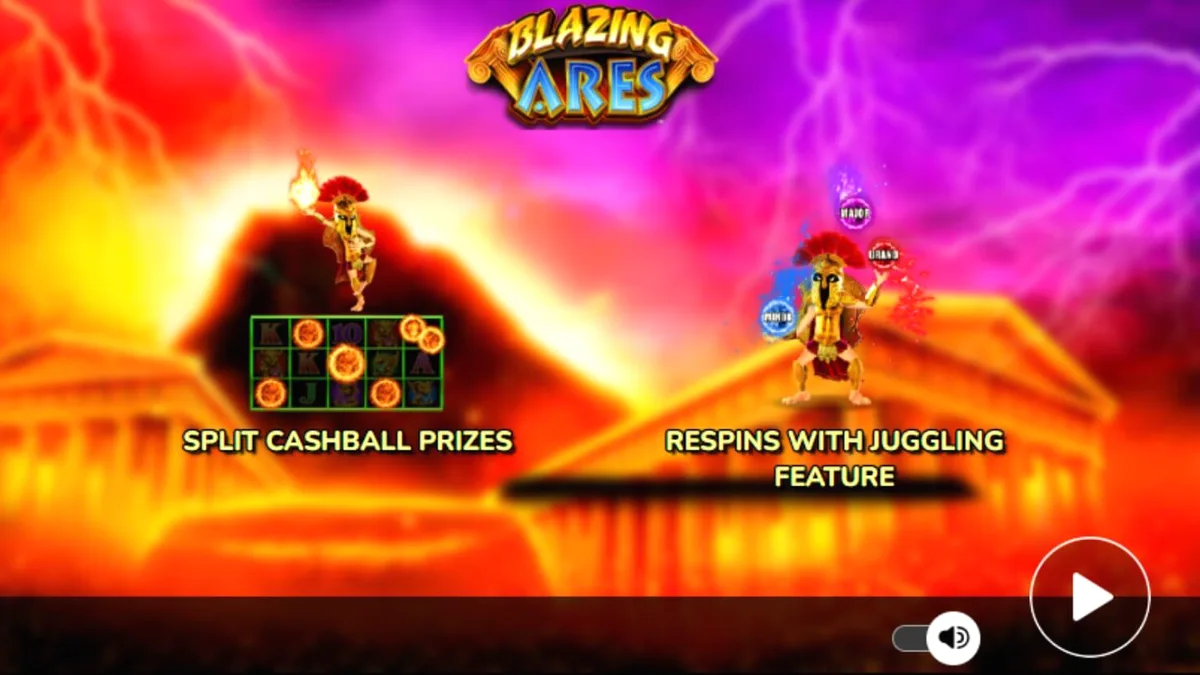 Isang visual na representasyon ng Blazing Ares slot na nagpapakita ng mga nagniningas na reels at simbolo ng mitolohiyang Griyego.