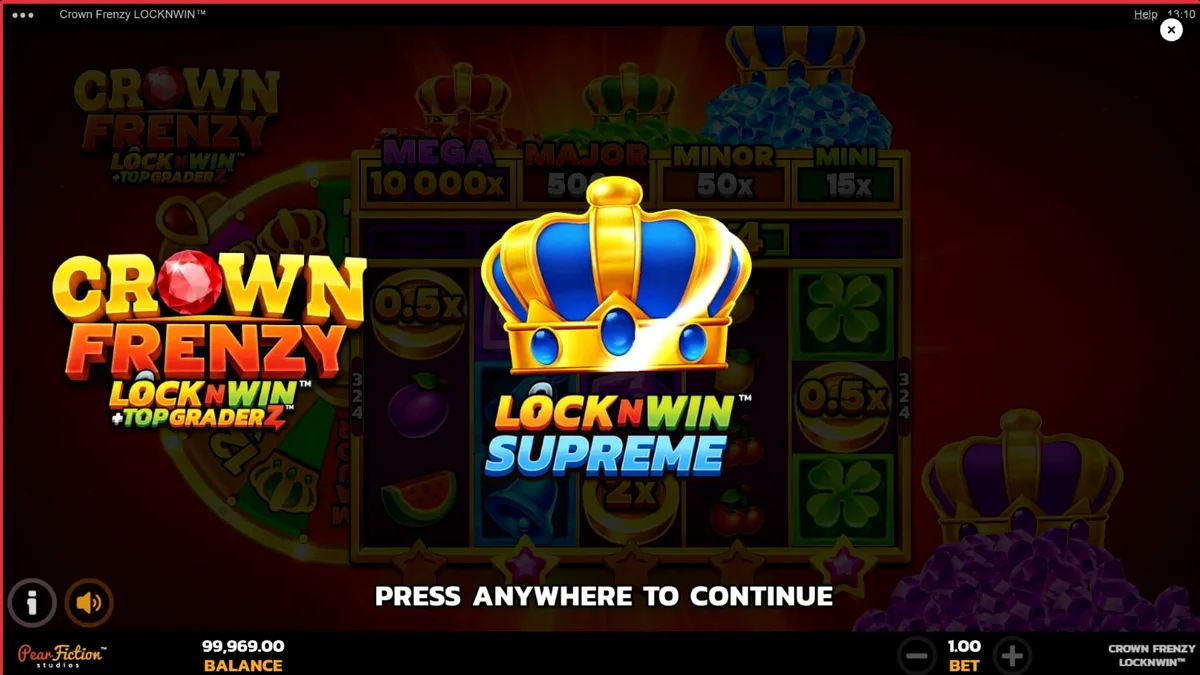 Crown Frenzy LockNWin slot game interface na may mga gintong korona at hiyas