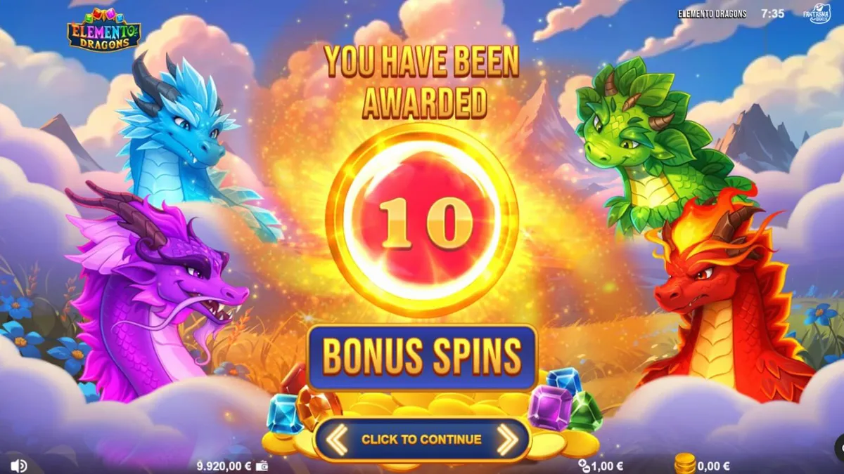 Elemento Dragons slot game interface na nagpapakita ng 9x9 grid at mga elemental dragon symbols.