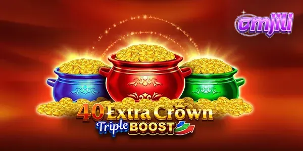 Isang makulay na display ng 40 Extra Crown Triple Boost Golden Coins Link slot machine na may mga simbolo ng prutas at gintong barya.
